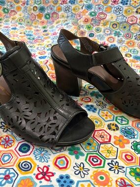 Women's Black Laser-Cut Block Heel Sandals